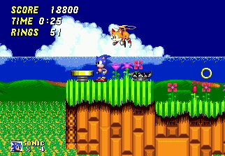 Sonic waits for Tails to land in the Emerald Hill Zone 2